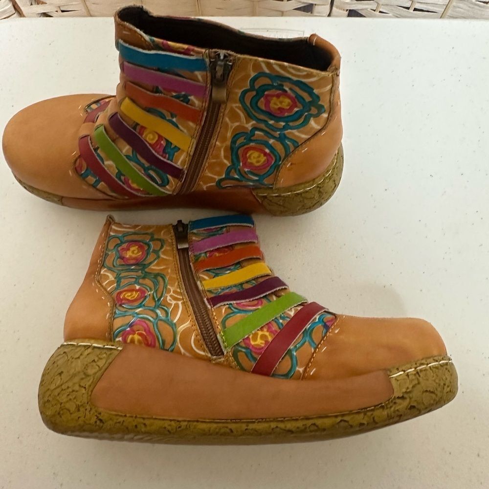 Socofy Ankle boots women’s sz 6.5eu 37 boho like new colorful cork look heel zip - Picture 9 of 10